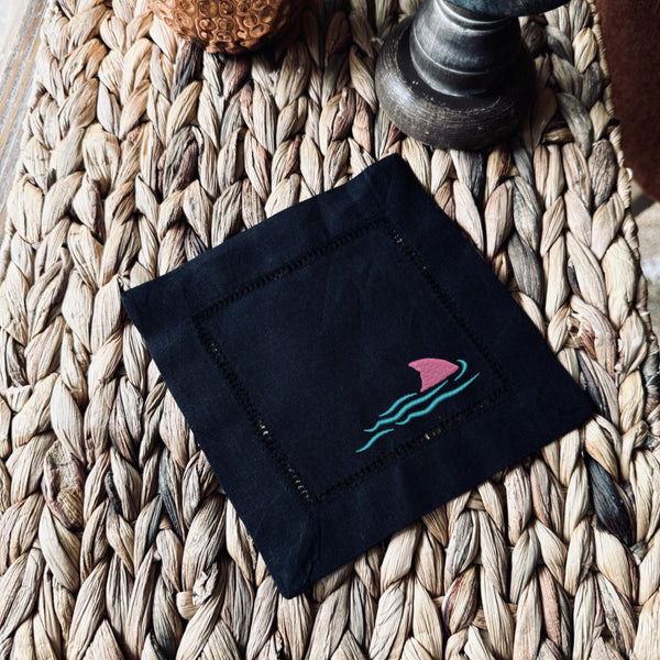 Shark Cocktail Napkins, Beach Embroidered Cocktail Cloth Napkins, Set of 4, Shark Linen cocktail napkins, Beach gift - White Tulip Embroidery