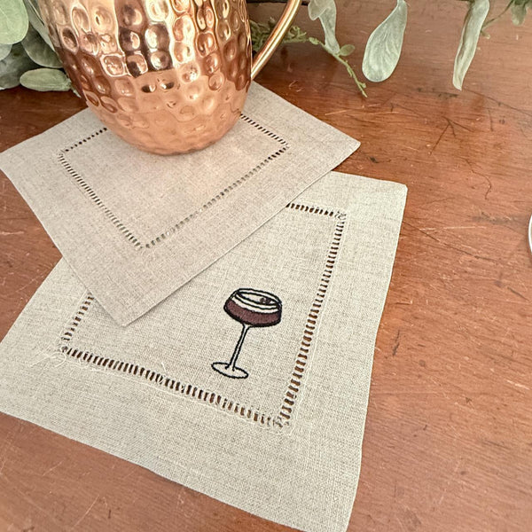 Espresso Martini Cocktail Napkins, Embroidered Cocktail Cloth Napkins, Set of 4, Linen cocktail napkins, Espresso Martini gift - White Tulip Embroidery