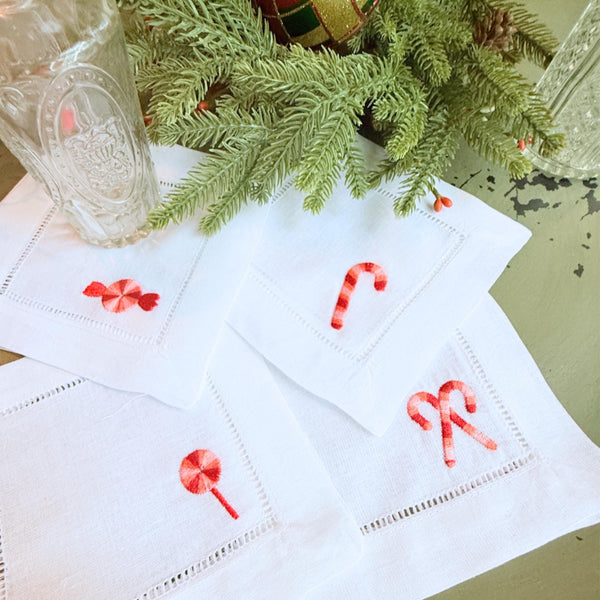 Candy Cane Cloth Cocktail Napkins, Set of 4 Unique Designs - White Tulip Embroidery