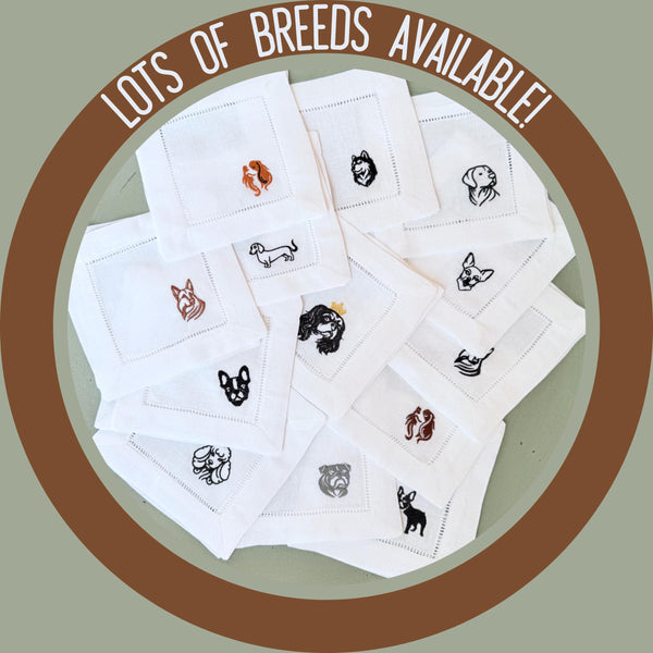 King Charles Linen Embroidered Cocktail Napkins, Set of 4, dog cloth cocktail napkins, King Charles gift, Dog Breed - White Tulip Embroidery