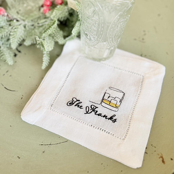 Monogrammed Whiskey Name Cocktail Napkins, Set of 4, Personalized Cloth Linen Napkins - White Tulip Embroidery
