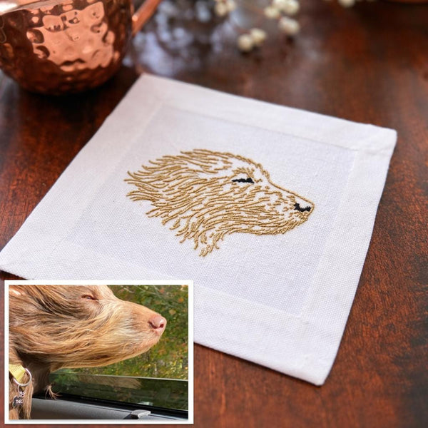 Custom YOUR Dog Embroidered Linen Cocktail Napkins, Set of 4, Dog Lover Gift, Personalized Dog gift, Your dog to embroidered napkins - White Tulip Embroidery