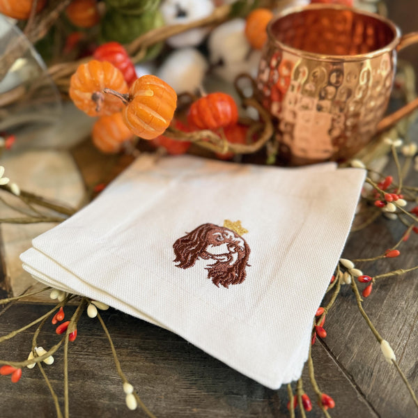King Charles Spaniel Linen Embroidered Cocktail Napkins, Set of 4, dog cloth cocktail napkins, King Charles gift - White Tulip Embroidery