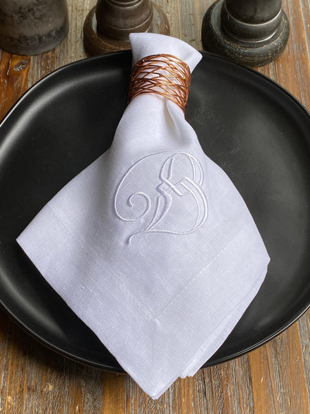 Deco Monogrammed Cloth Dinner Napkins - Set of 4 napkins - White Tulip Embroidery