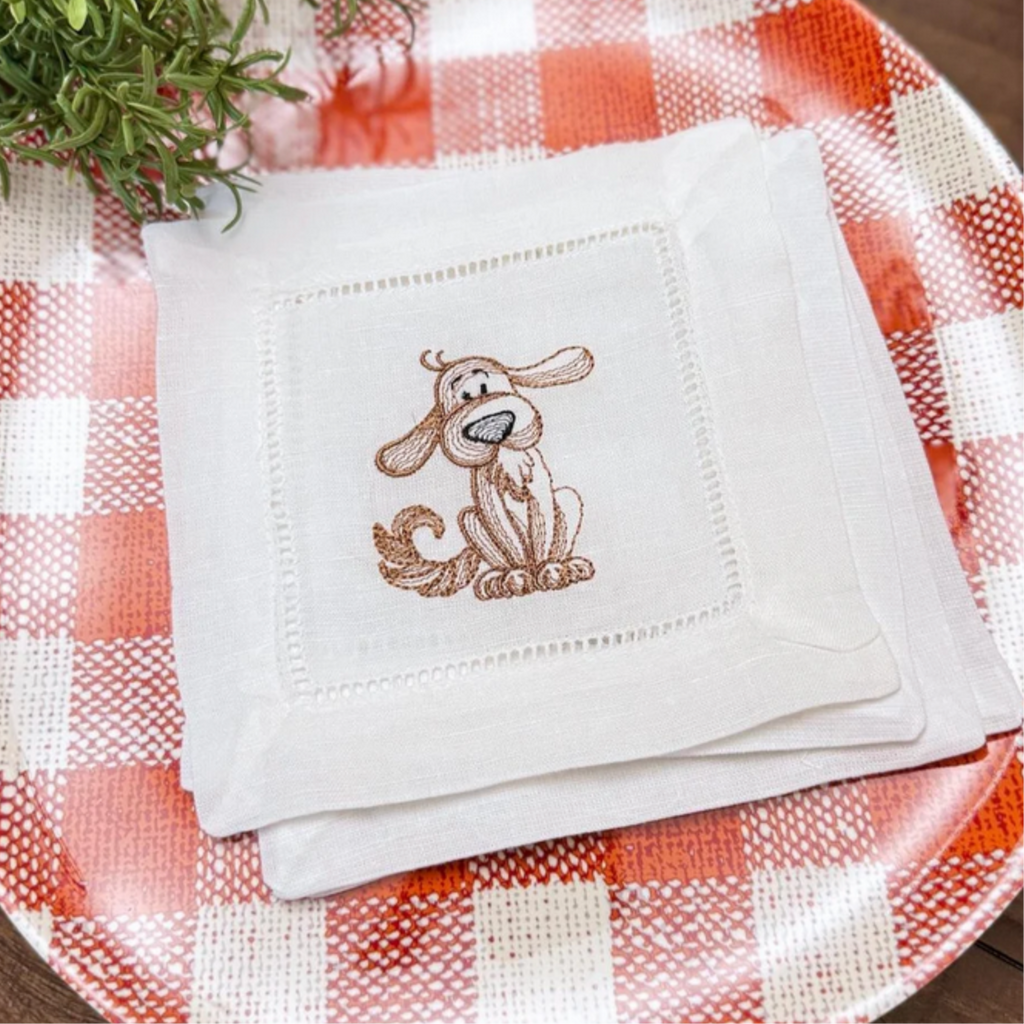 Cute Dog Cloth Linen Cocktail Napkins, Set of 4 - White Tulip Embroidery