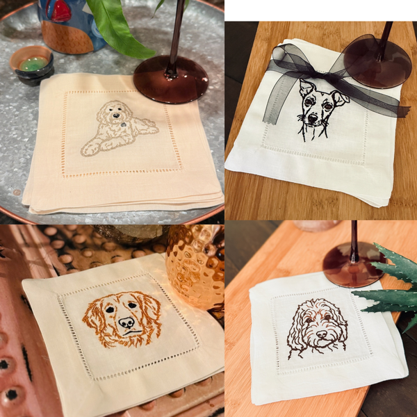 Custom YOUR Dog Embroidered Linen Cocktail Napkins, Set of 4, Dog Lover Gift, Personalized Dog gift, Your dog to embroidered napkins - White Tulip Embroidery
