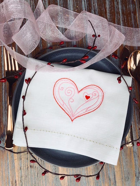 Doodle Heart Valentine's Day Cloth Napkins - White Tulip Embroidery