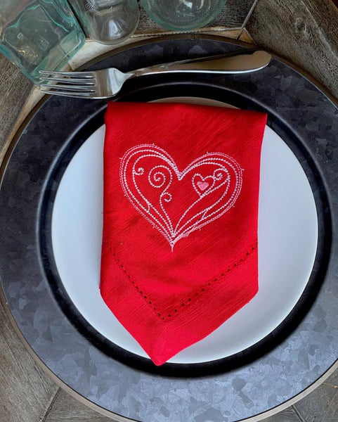 Doodle Heart Valentine's Day Cloth Napkins - White Tulip Embroidery