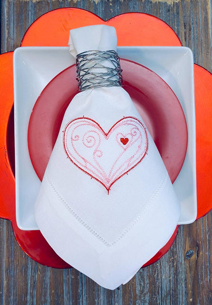 Doodle Heart Valentine's Day Cloth Napkins - White Tulip Embroidery