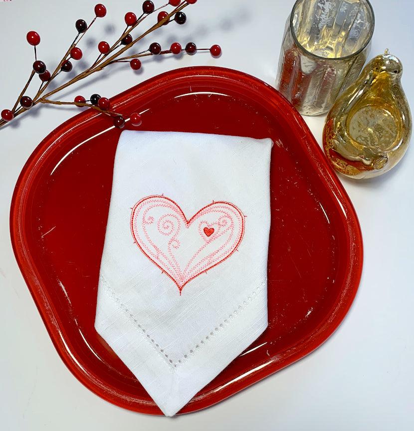 Doodle Heart Valentine's Day Cloth Napkins - White Tulip Embroidery