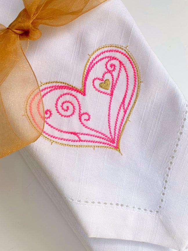 Doodle Heart Valentine's Day Cloth Napkins - White Tulip Embroidery