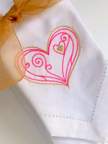 Doodle Heart Valentine's Day Cloth Napkins - White Tulip Embroidery