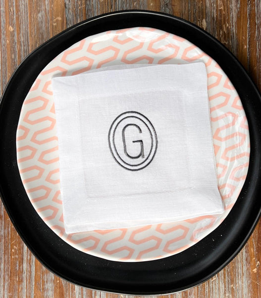 Double Oval Monogrammed Cocktail Napkins, Set of 4 - White Tulip Embroidery