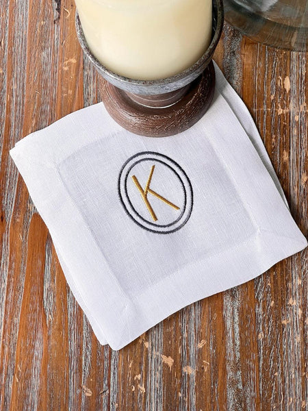 Double Oval Monogrammed Cocktail Napkins, Set of 4 - White Tulip Embroidery