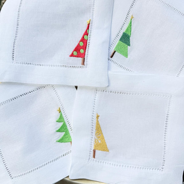 Modern Christmas Tree Cloth Cocktail Napkins, Set of 4 Unique Designs - White Tulip Embroidery