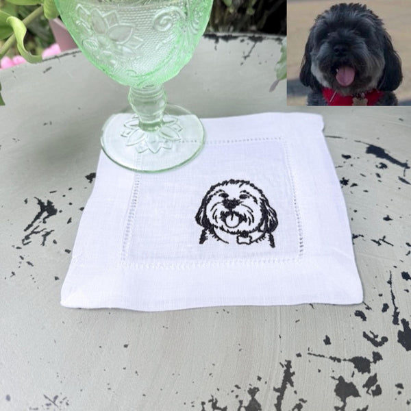 Custom YOUR Dog Embroidered Linen Cocktail Napkins, Set of 4, Dog Lover Gift, Personalized Dog gift, Your dog to embroidered napkins - White Tulip Embroidery