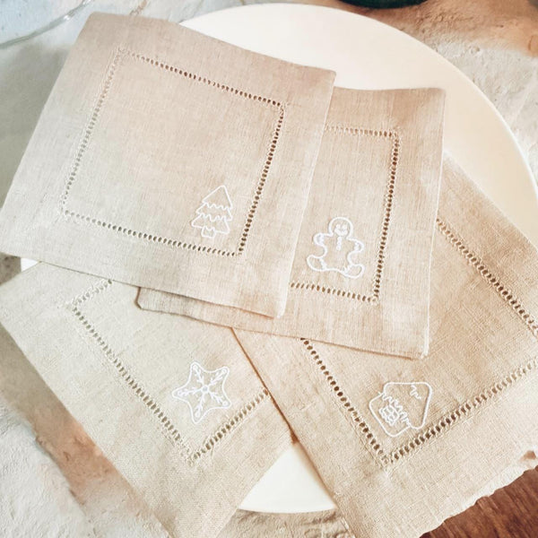 Gingerbread Cloth Cocktail Napkins, Set of 4 Unique Christmas Gingerbread Cookie Designs - White Tulip Embroidery
