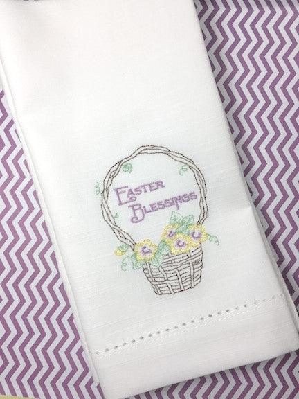 Easter Blessings Basket Embroidered Cloth Napkins - Set of 4 napkins - White Tulip Embroidery