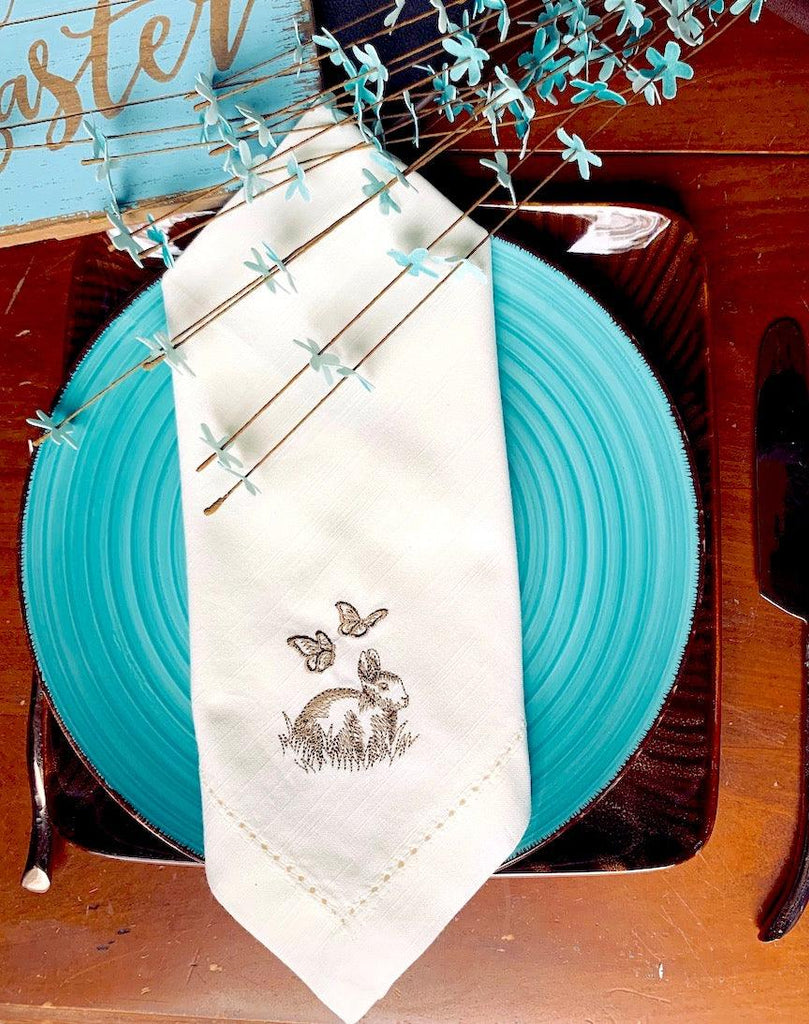 Easter Bunny Butterfly Cloth Napkins - Set of 4 napkins - White Tulip Embroidery