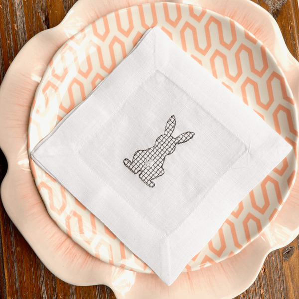 Easter Bunny Cloth Cocktail Napkins, Set of 4, Easter Linen Cocktail Napkins - White Tulip Embroidery