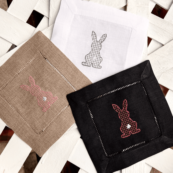 Easter Bunny Cloth Cocktail Napkins, Set of 4, Easter Linen Cocktail Napkins - White Tulip Embroidery