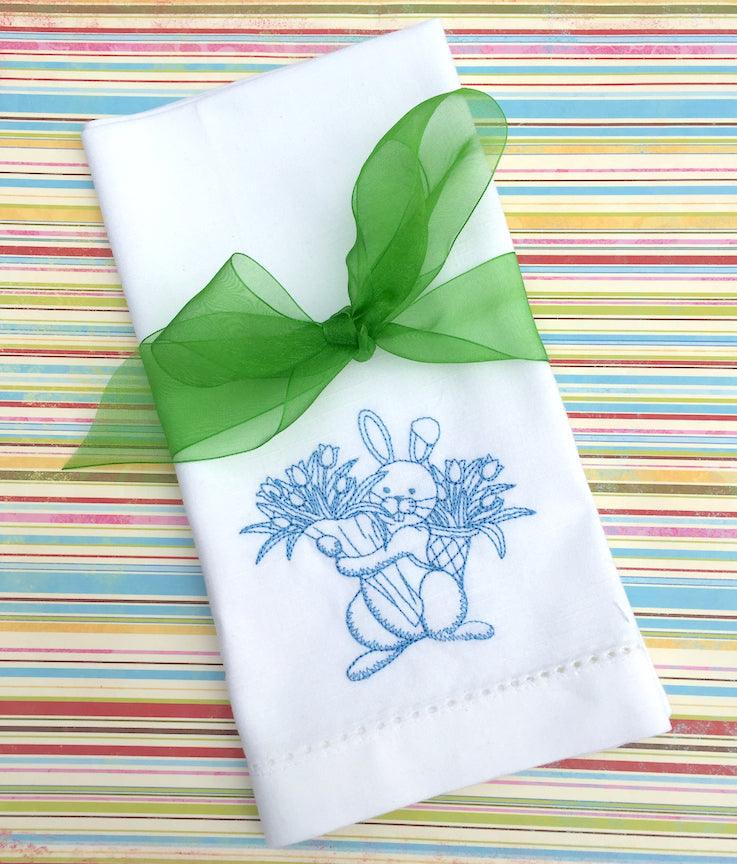 Easter Bunny with Flowers Embroidered Cloth Napkins - Set of 4 napkins - White Tulip Embroidery