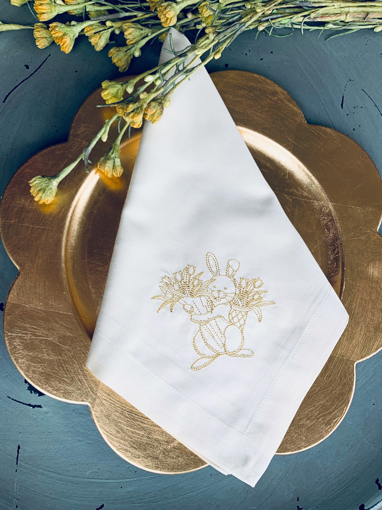 Easter Bunny with Flowers Embroidered Cloth Napkins - Set of 4 napkins - White Tulip Embroidery