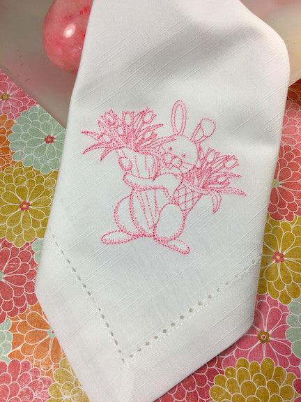 Easter Bunny with Flowers Embroidered Cloth Napkins - Set of 4 napkins - White Tulip Embroidery