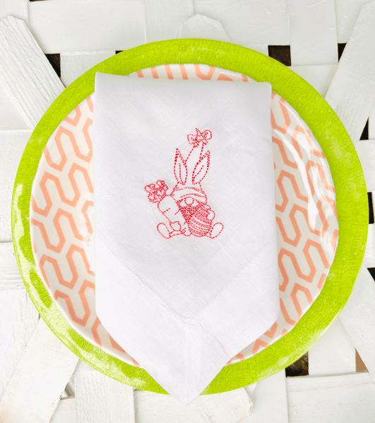 Easter Gnome Cloth Napkins - Set of 4 napkins - White Tulip Embroidery