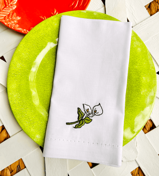 Easter Lily Flower Embroidered Cloth Napkins - Set of 4 napkins - White Tulip Embroidery