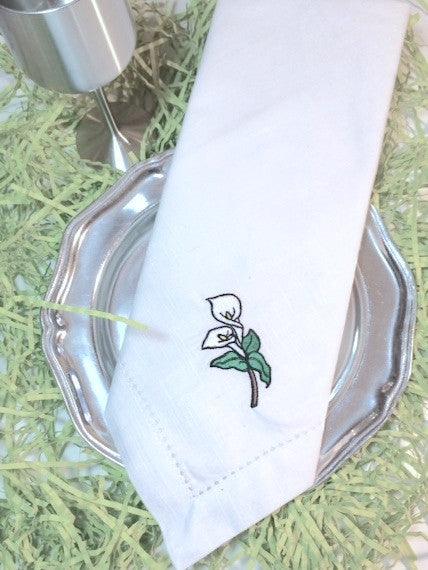 Easter Lily Flower Embroidered Cloth Napkins - Set of 4 napkins - White Tulip Embroidery