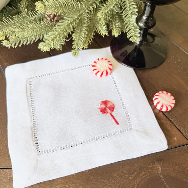 Candy Cane Cloth Cocktail Napkins, Set of 4 Unique Designs - White Tulip Embroidery