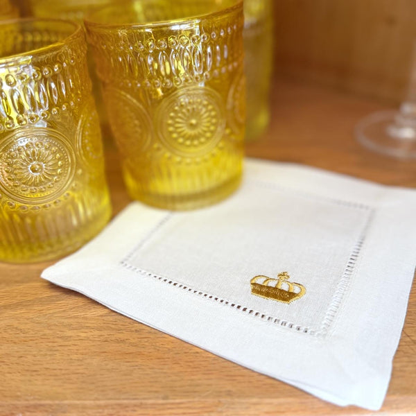 Crown Cocktail Napkins, Set of 4 Unique Embroidered Designs, Crown Cocktail Cloth Napkins, Princess Linen cocktail napkins - White Tulip Embroidery