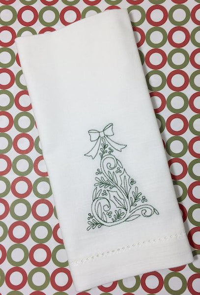 Elegant Christmas Tree Embroidered Cloth Napkins - Set of 4 napkins - White Tulip Embroidery