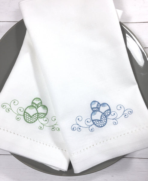 Elegant Easter Egg Embroidered Cloth Napkins - Set of 4 napkins - White Tulip Embroidery