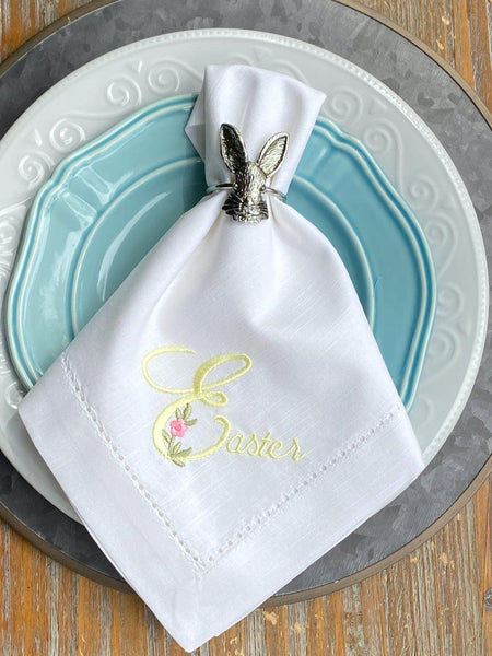 Elegant Easter Floral Embroidered Cloth Napkins - Set of 4 napkins - White Tulip Embroidery