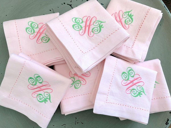 Ella Monogrammed Embroidered Cloth Napkins - Set of 4 napkins - White Tulip Embroidery
