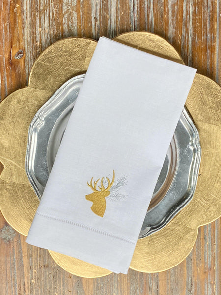 Evergreen Deer Embroidered Cloth Napkins - Set of 4 napkins - White Tulip Embroidery