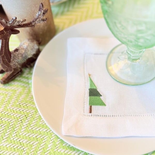 Modern Christmas Tree Cloth Cocktail Napkins, Set of 4 Unique Designs - White Tulip Embroidery