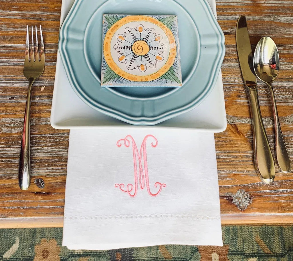 Florence Monogrammed Cloth Napkins - Set of 4 napkins - White Tulip Embroidery