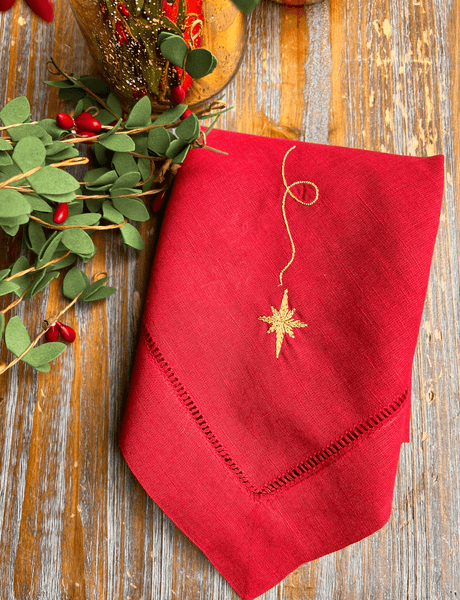 Falling Star Cloth Christmas Napkins - Set of 4 napkins - White Tulip Embroidery