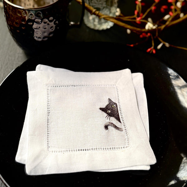 Black Cat Cocktail Napkins, Set of 4, Black Cat Embroidered Linen Cocktail Napkins - White Tulip Embroidery