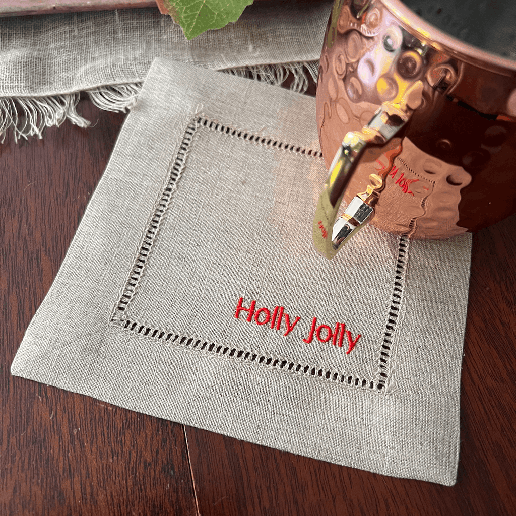 Festive Christmas Words Cloth Cocktail Napkins, Set of 4 - White Tulip Embroidery