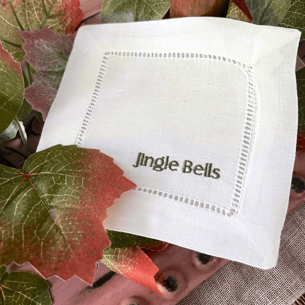 Festive Christmas Words Cloth Cocktail Napkins, Set of 4 - White Tulip Embroidery