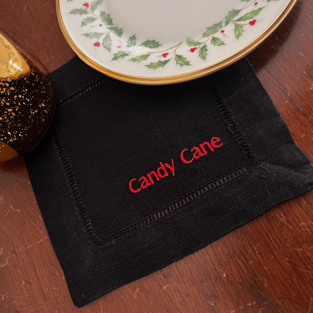 Festive Christmas Words Cloth Cocktail Napkins, Set of 4 - White Tulip Embroidery