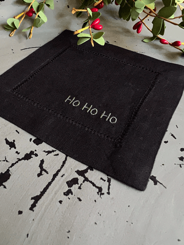 Festive Christmas Words Cloth Cocktail Napkins, Set of 4 - White Tulip Embroidery