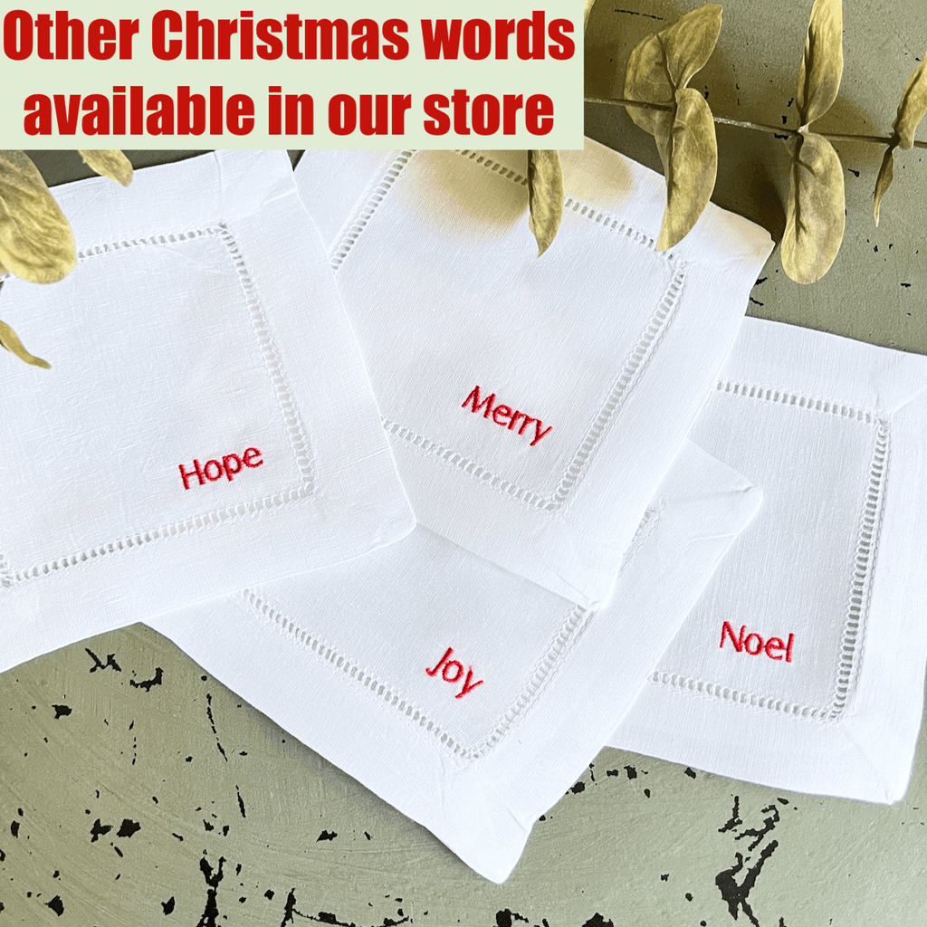 Festive Christmas Words Cloth Cocktail Napkins, Set of 4 - White Tulip Embroidery