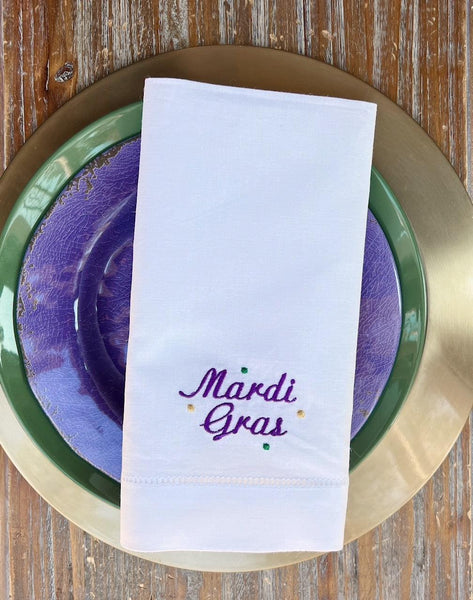 Festive Mardi Gras Napkins - Set of 4 napkins - White Tulip Embroidery