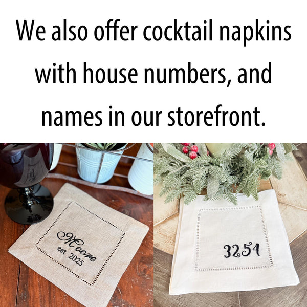 Custom House Embroidered Linen Cocktail Napkins, Set of 4, Housewarming Gift, gift from realtor, personalized napkins - White Tulip Embroidery