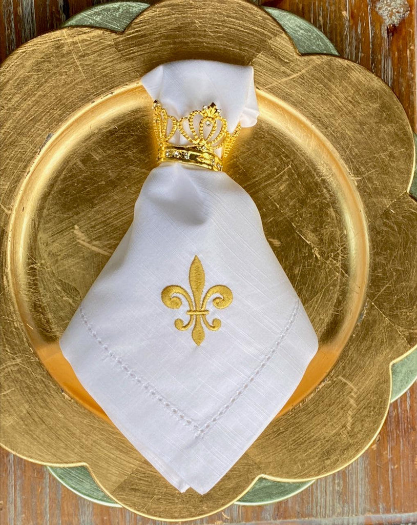 Fleur De Lis Embroidered Cloth Dinner Napkins - Set of 4 napkins - White Tulip Embroidery